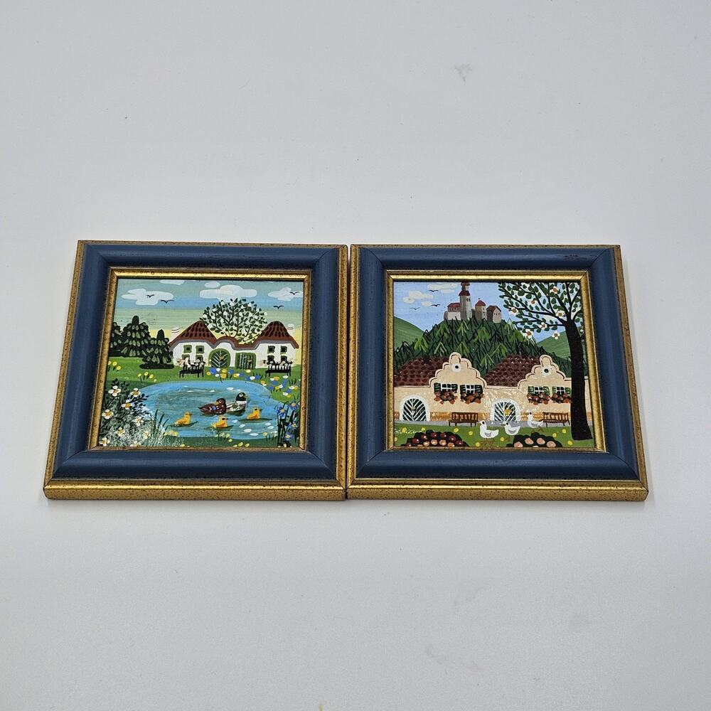 Set of 2 Miniature Colorful Naive Folk Art Paintings Made in Austria Ducks Mini